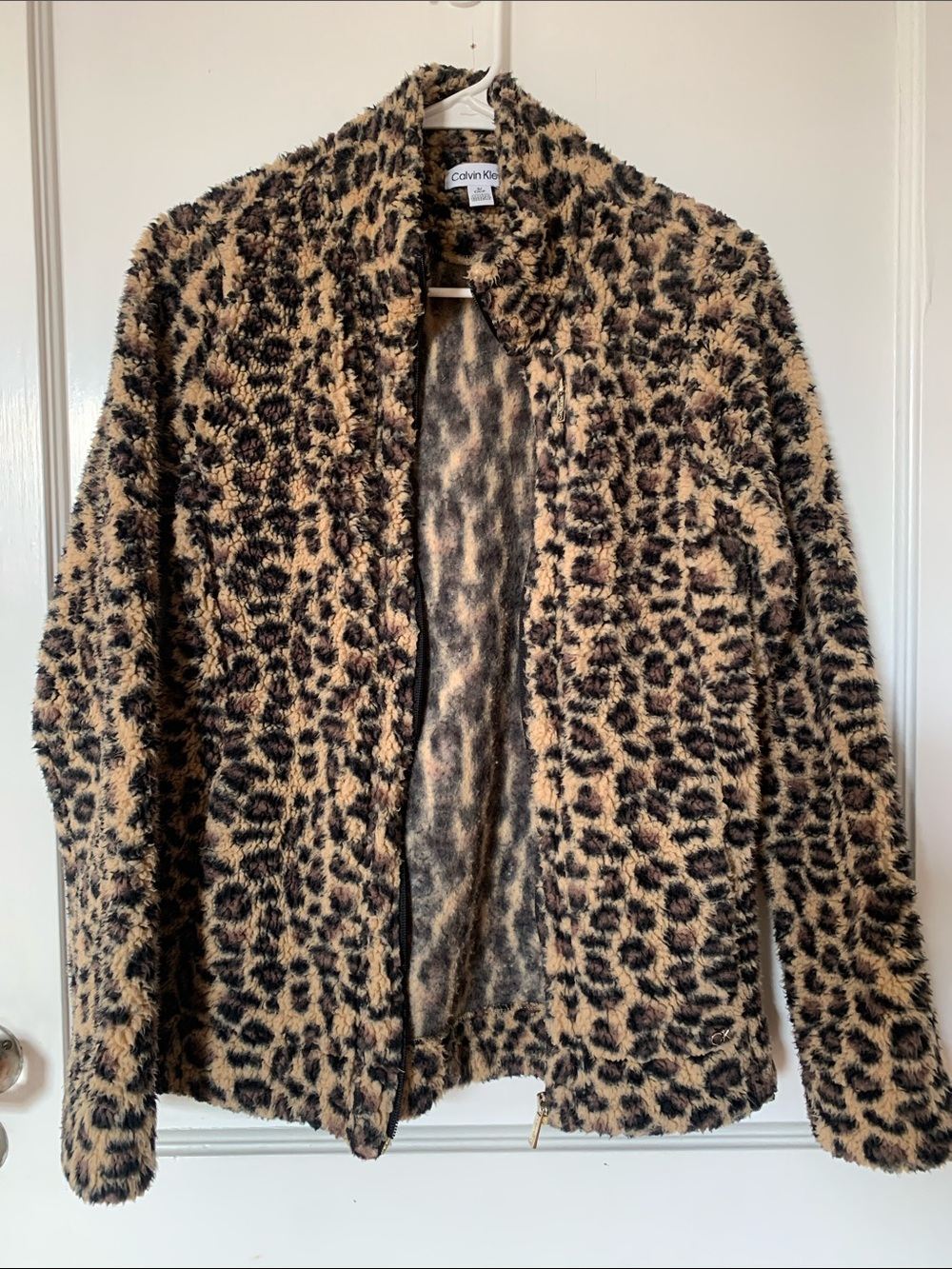 Calvin Klein Leopard Print Faux Fur Teddy Jacket - Tan/Black